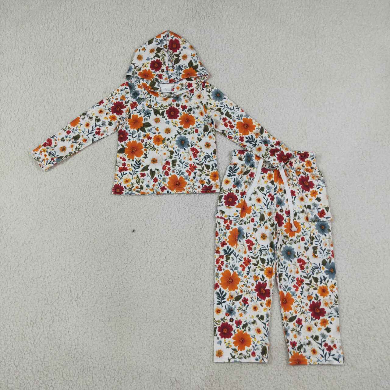 NEW RTS NO MOQ milk silk GLP3321 Baby Girls Colorful Flowers Pocket Hoodie Top Pant Set