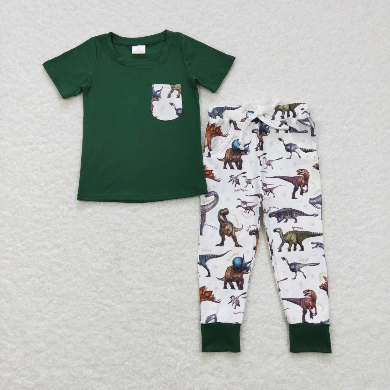 RTS NO MOQ（In Stock ) BSPO0181 Dinosaur Pocket Green Short Sleeve White Pants Suit