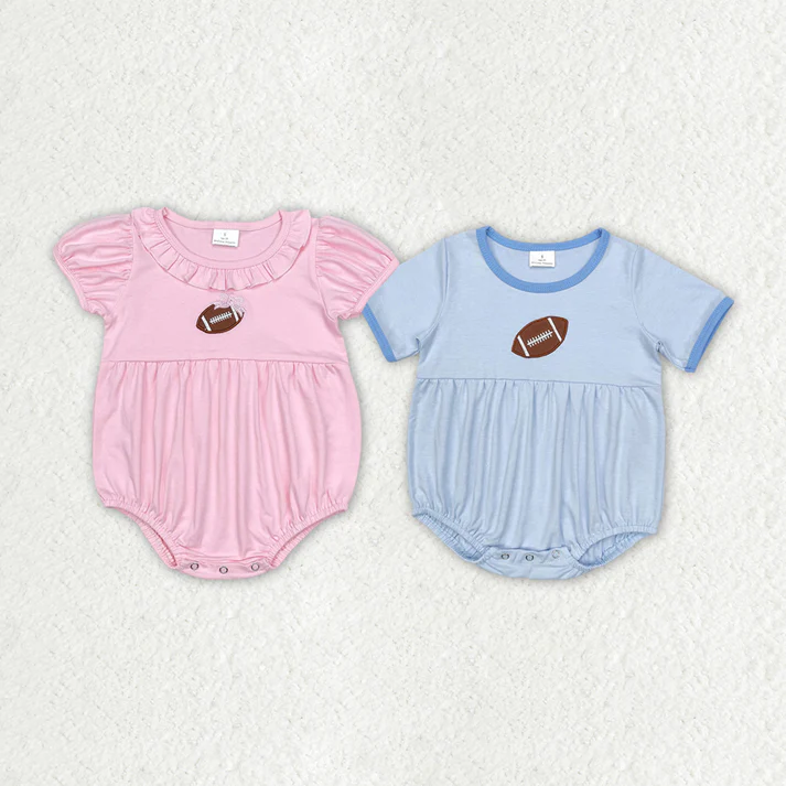 RTS NO MOQ Baby Infant Girls Boys Sibling Football Short Sleeve Rompers Cotton embroidery
