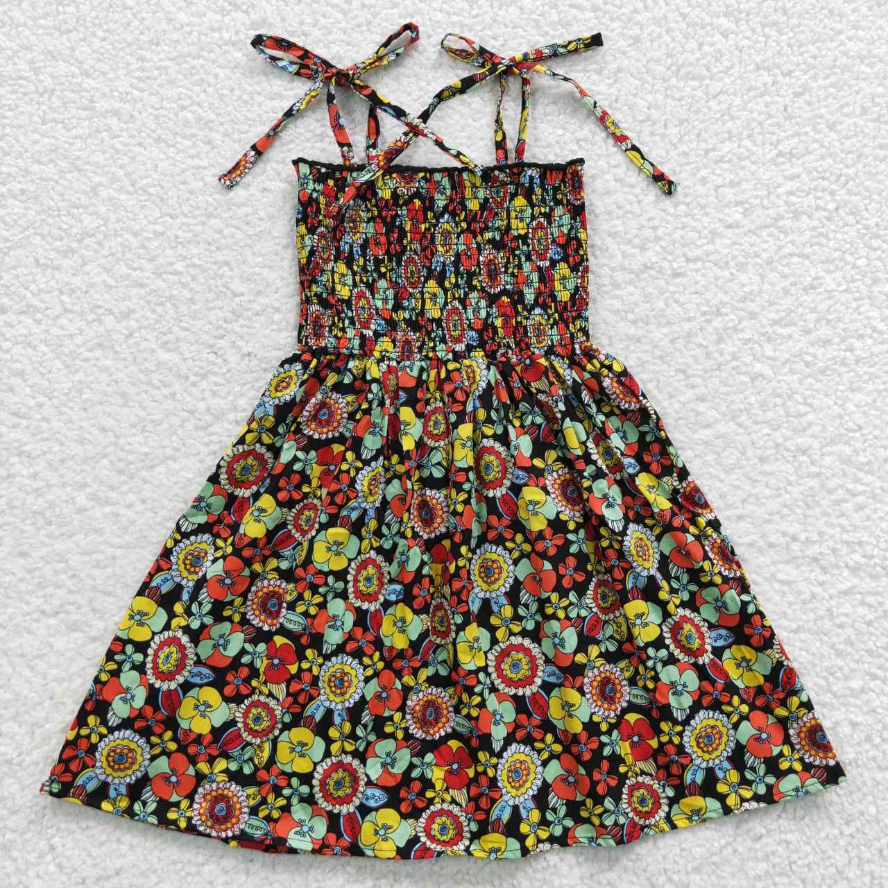 RTS NO MOQ（In Stock ) GSD0357 Colorful Flower Black Sling Dress