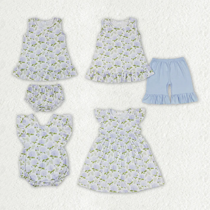 RTS Baby Girls Blue Flowers Sibling Sister Dresses Clothes Sets