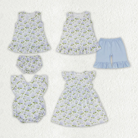 RTS Baby Girls Blue Flowers Sibling Sister Dresses Clothes Sets