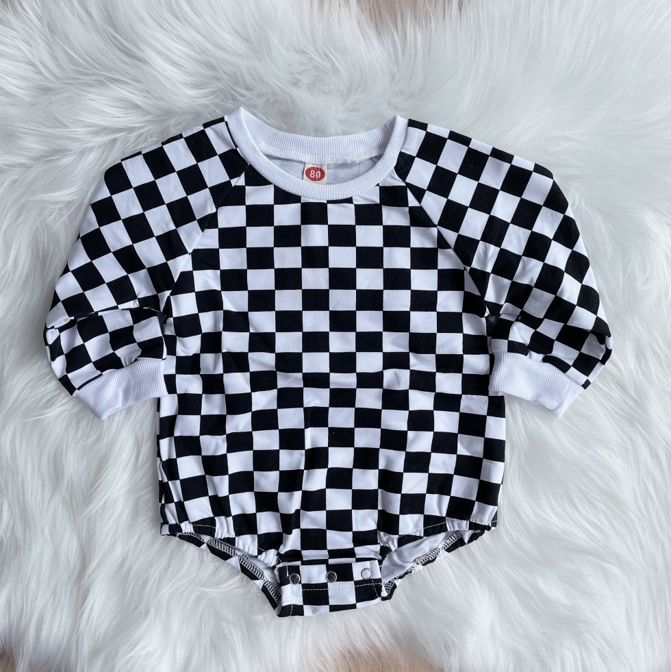 Custom moq 3 eta 7/8week moq 5 eta /4/5week Pink, white, black and white plaid long-sleeved romper