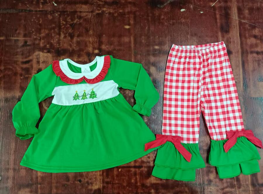 Custom moq 3 eta 6-7weeks Green Lace Baby Collar Top - Red Plaid Pants Long Set
