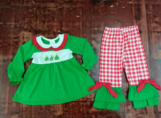 Custom moq 3 eta 6-7weeks Green Lace Baby Collar Top - Red Plaid Pants Long Set