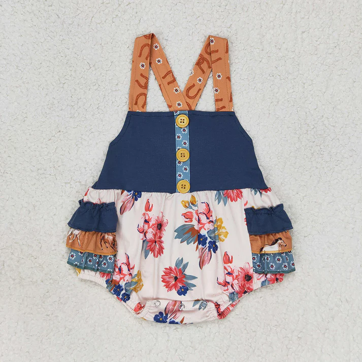 RTS Baby Girls Western Horse Flowers Sibling Sister Rompers Dresses