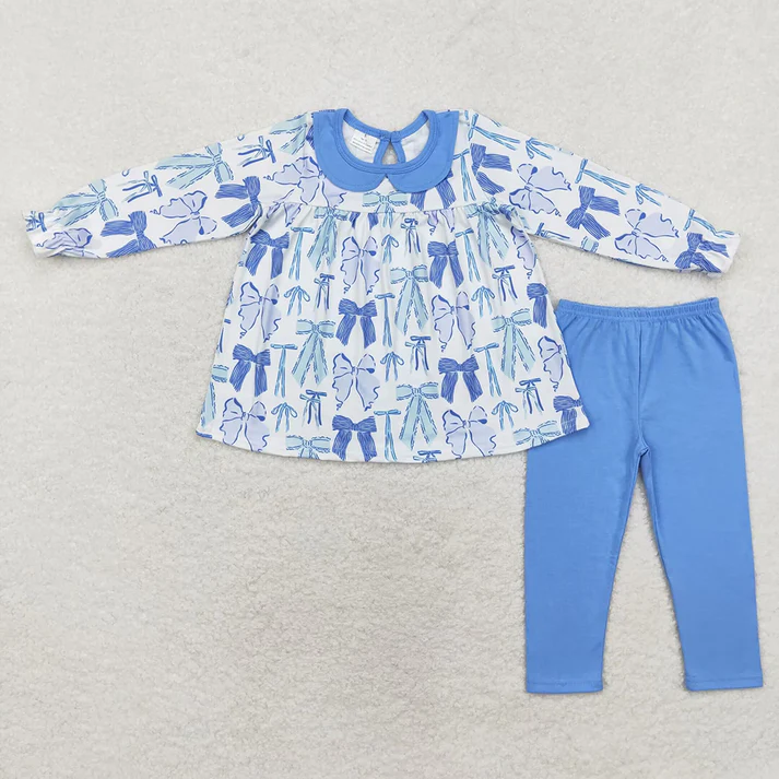 RTS NO MOQ Girls Blue Bows Sibling Fall Outfits Clothes Sets