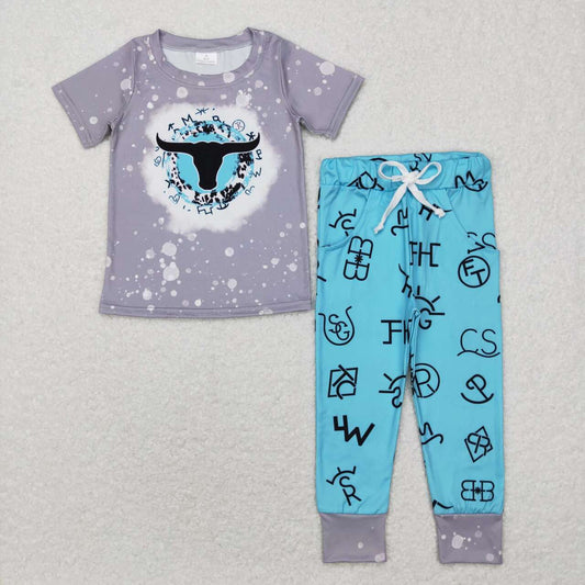 BSPO0224 Alpine Cow Head Gray Short Sleeve Letter Pants Suit