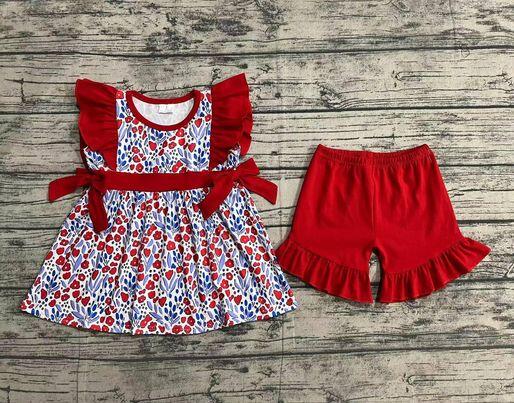 GSSO0609 Flower red lace bow flying sleeve shorts suit