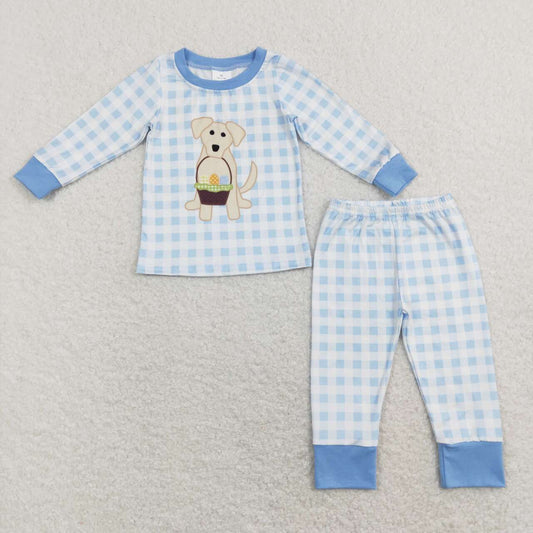 BLP0432 Egg Basket Puppy Blue Plaid Long Sleeve Pants Suit