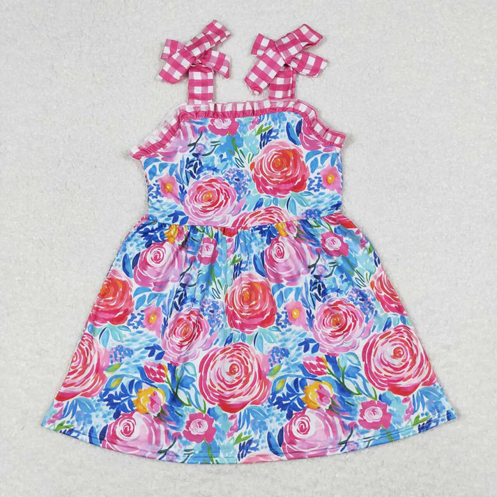 RTS NO MOQ Baby Girls Pink Flowers Straps Sibling Summer Dresses Rompers Clothes Sets