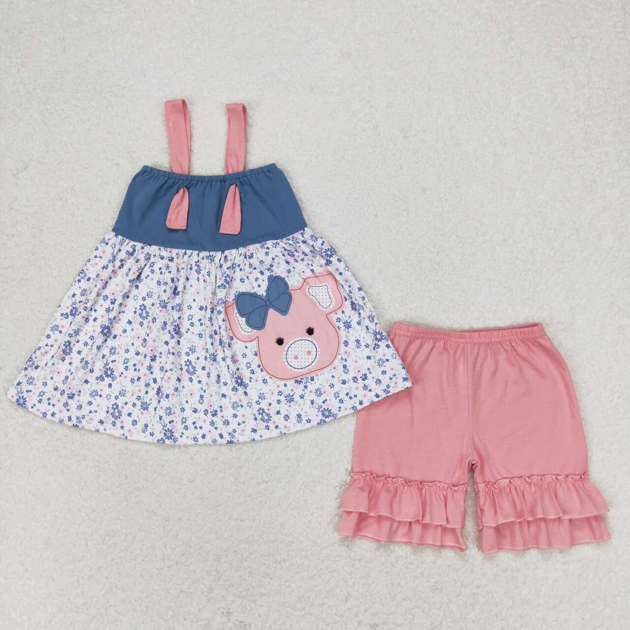 GSSO0493 Bow piggy floral top pink lace shorts set