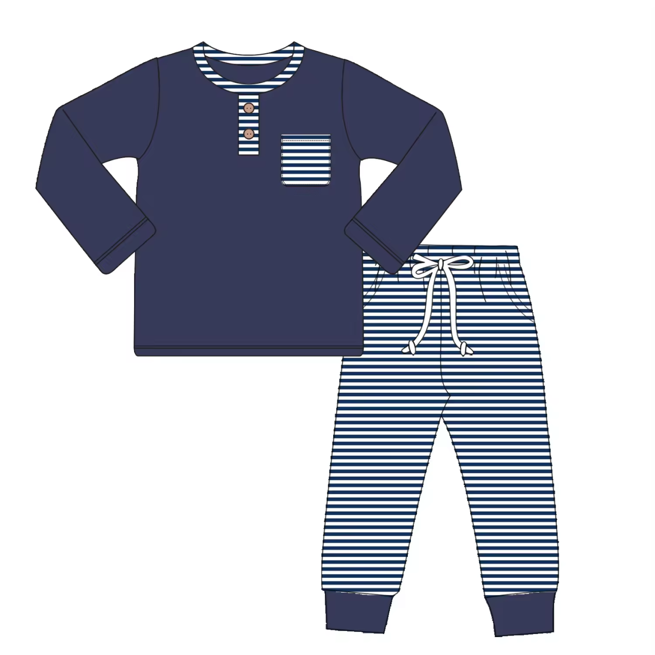 Custom moq 3 eta 6-8weeks Navy blue long-sleeved top and striped elastic pants suit