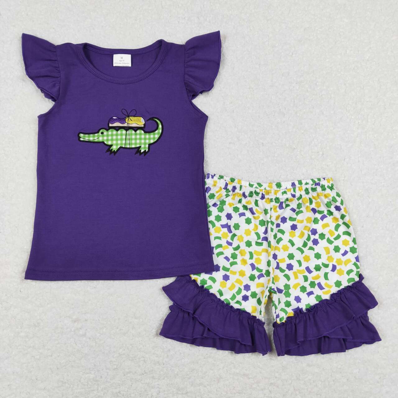 RTS NO MOQ（In Stock) Embroidered Carnival Crocodile Purple Lace Flying Sleeve Shorts Set