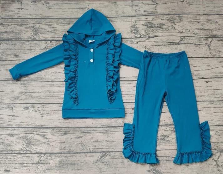 GLP0895 Lace Blue Hooded Long Sleeve Pants Suit