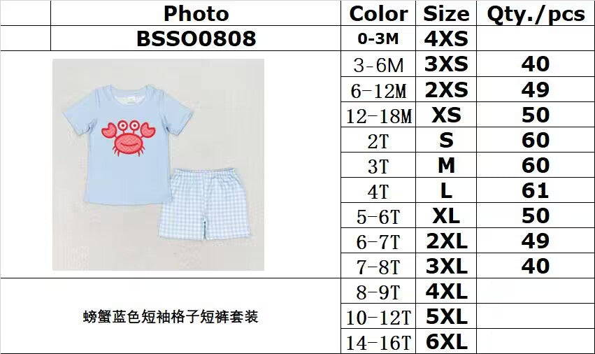 rts no moq  BSSO0808 Crab blue short-sleeved plaid shorts suit