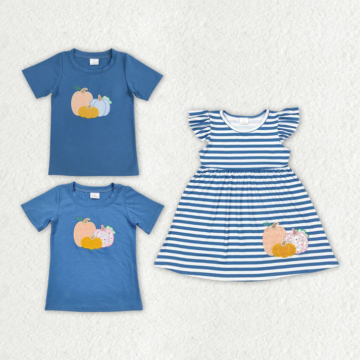 RTS NO MOQ Baby Girls Boys Blue Stripes Pumpkin Sibling Shirt Dresses Pumpkin Embroidery