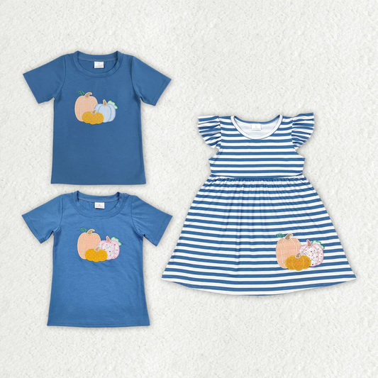 RTS NO MOQ Baby Girls Boys Blue Stripes Pumpkin Sibling Shirt Dresses Pumpkin Embroidery