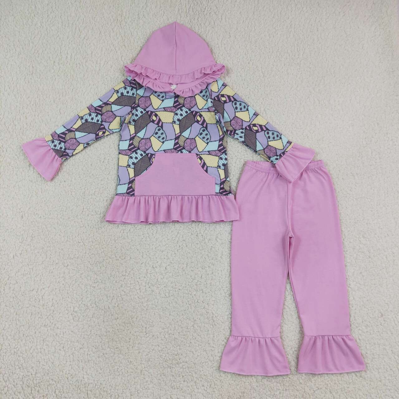 NEW RTS NO MOQ milk silk GLP3381 Baby Girls Halloween Patchwork Print Pocket Hoodie Long Sleeve Top Ruffle Pant Outfit Set