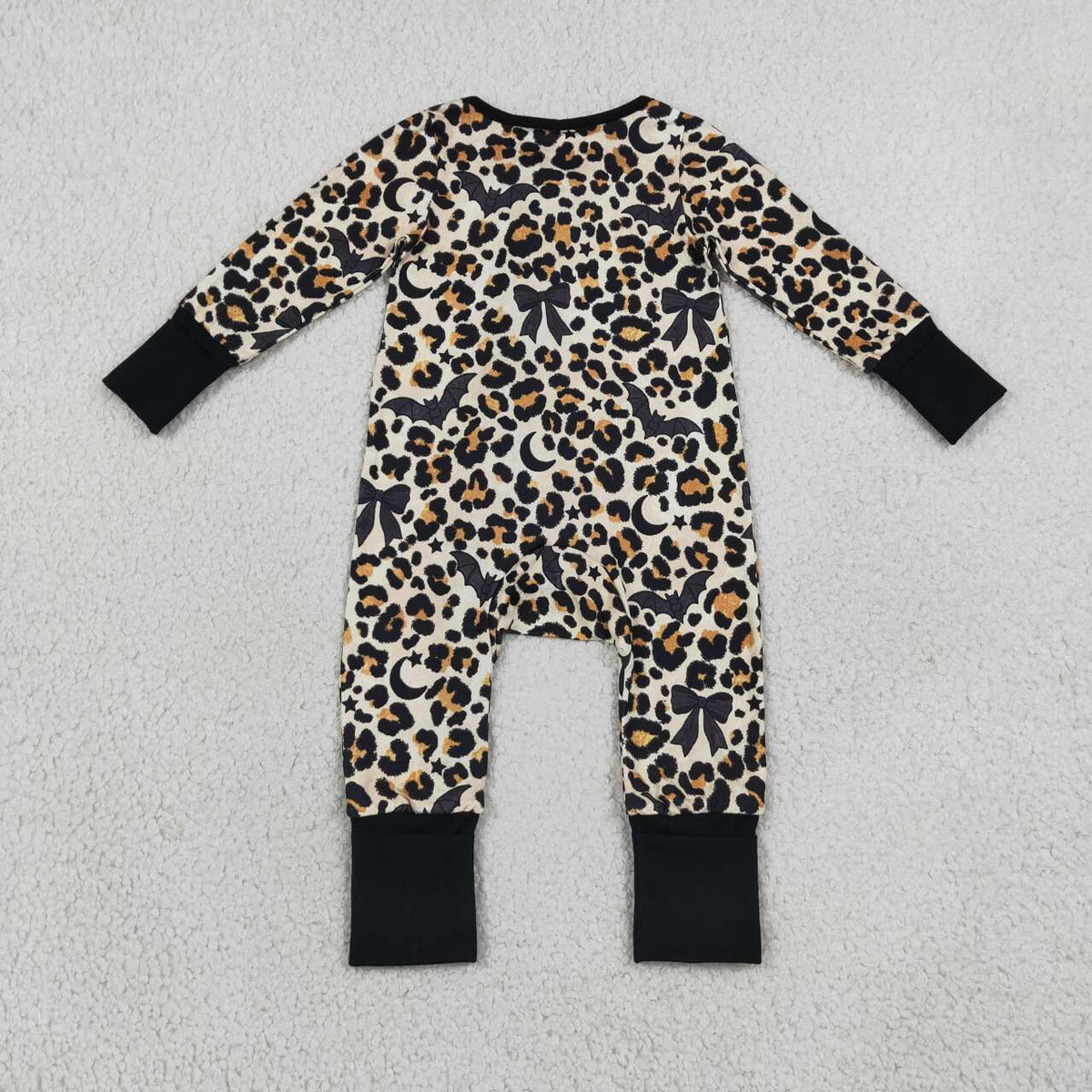 NEW RTS NO MOQ milk silk LR3242 Baby Boys Leopard Bats Halloween Print Zip Front Convertible Romper