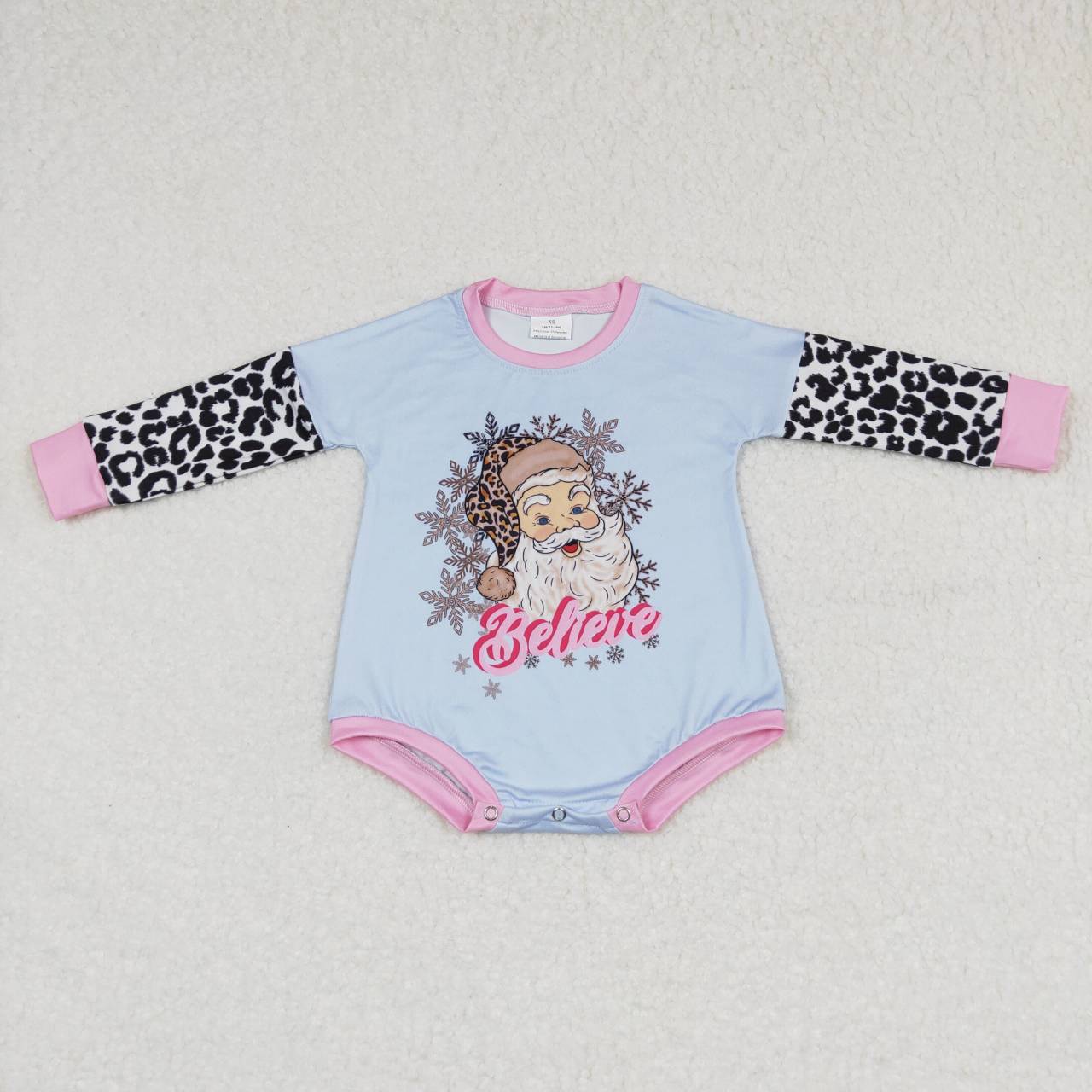 LR0462 believe santa claus snowflake leopard print powder blue long sleeve jumpsuit