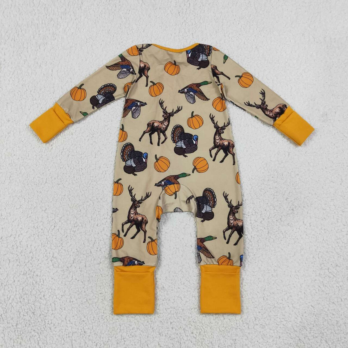 NEW RTS NO MOQ milk silk LR3251 Baby Boys Pumpkins Turkey Ducks Deer Print Two Way Zip Front Convertible Thanksgivings Long Sleeve Romper