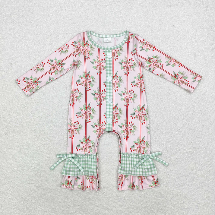 RTS NO MOQ milk silk polyester Baby Girls Christmas Holly Bow Sibling Rompers Clothes Sets