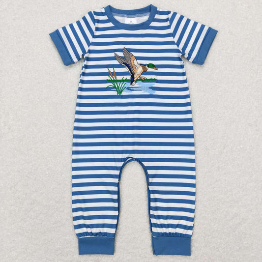 SR0554 Embroidered Duck Reed Stripe Short Sleeve Blue Trim Short Sleeve Jumpsuit