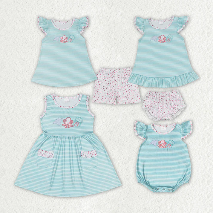 RTS Baby Girls Blue Stripes Octopus Sibling Sister Clothes Sets