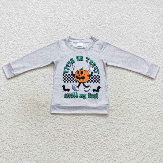 BT0320 trick or treat pumpkin plaid gray long sleeve top