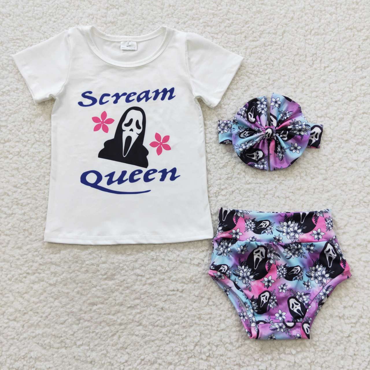 GBO0170 scream queen mask flower white short-sleeved blue purple briefs headwear set