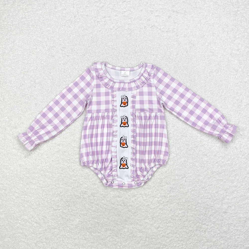 RTS NO MOQ ETA 5-7DAYS Embroidery witch Lavender Checkered Ghost Halloween Clothes Sets