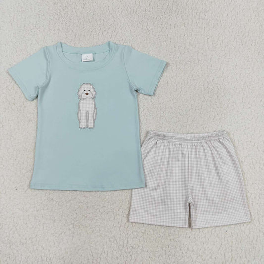 RTS BSSO0593 Embroidered Puppy Blue Short Sleeve Plaid Shorts Set