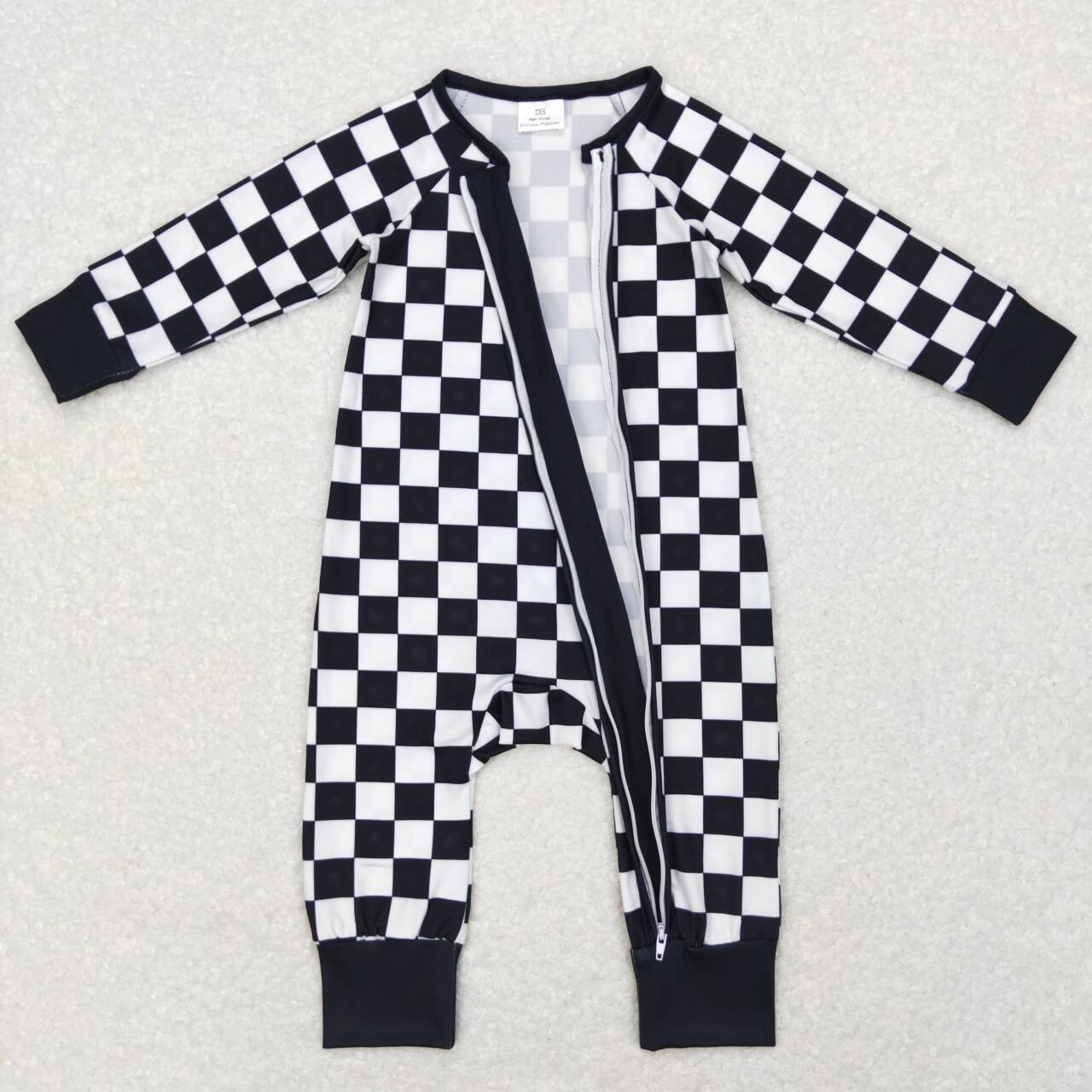 RTS NO MOQ（In Stock) Black and white plaid zipper long sleeve jumpsuit