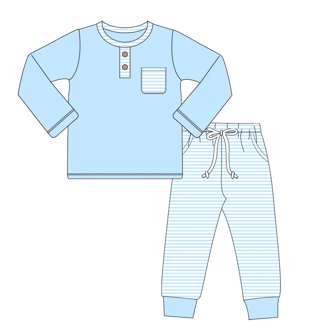 Custom moq 3 eta 6-8weeks Light blue long-sleeved top and striped elastic pants set