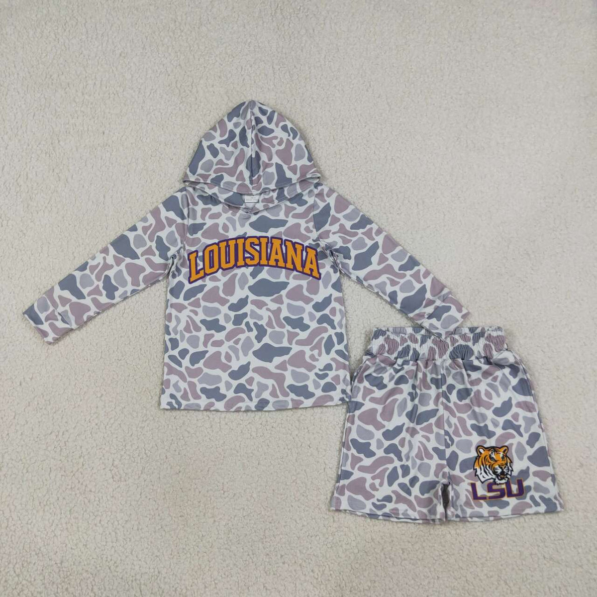 NEW RTS NO MOQ milk silk BLS0045 Baby Boys Grey Camo Letter Print Long Sleeve Hoodie Shorts Team Outfit