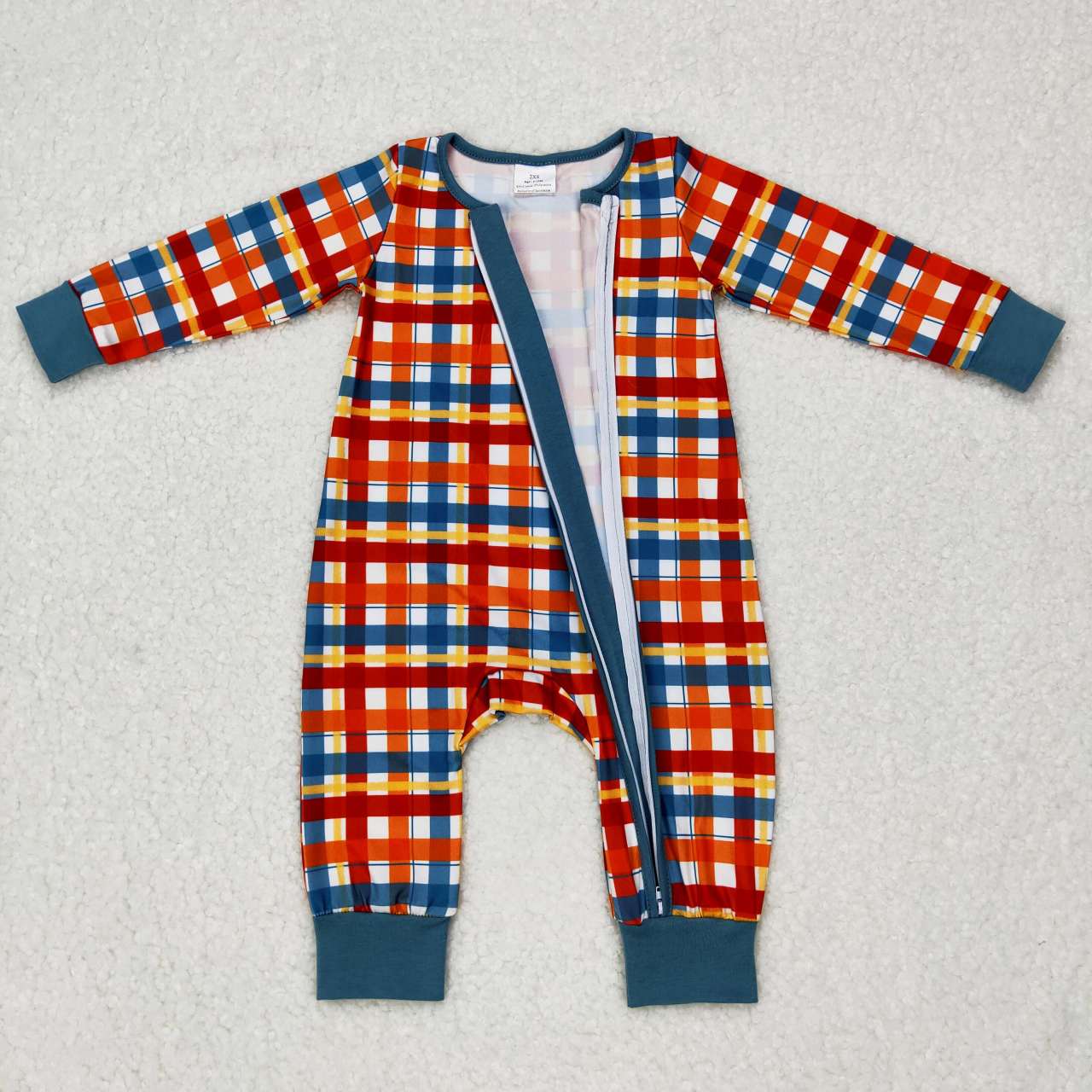 RTS NO MOQ（In Stock) LR0622 Orange and green plaid zipper long-sleeved jumpsuit