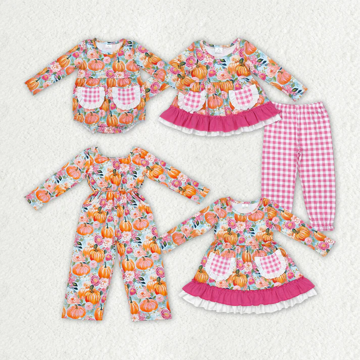 RTS NO MOQ Pumpkin Flowers Sibling Rompers Dresses Clothes Sets halloween sets