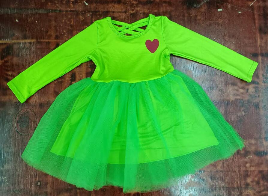 Custom moq 3 eta 6-7weeks Fluorescent green heart long-sleeved dress