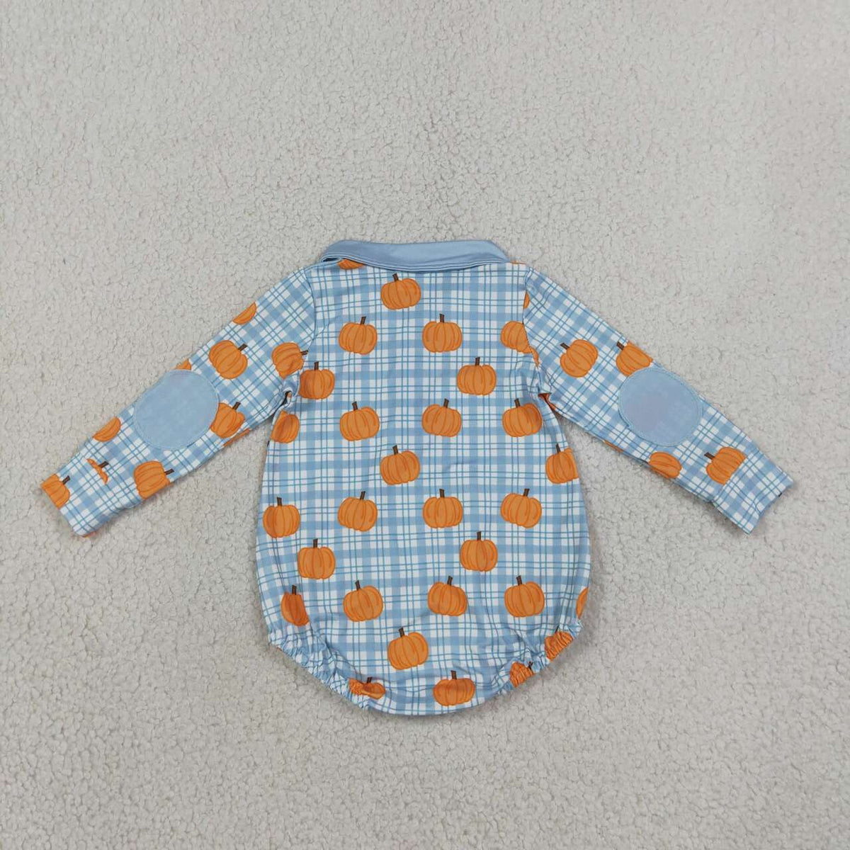 NEW RTS NO MOQ milk silk LR3201 Baby Boys Blue Checked Pumpkins Fall Zip Long Sleeve Cute Rompers