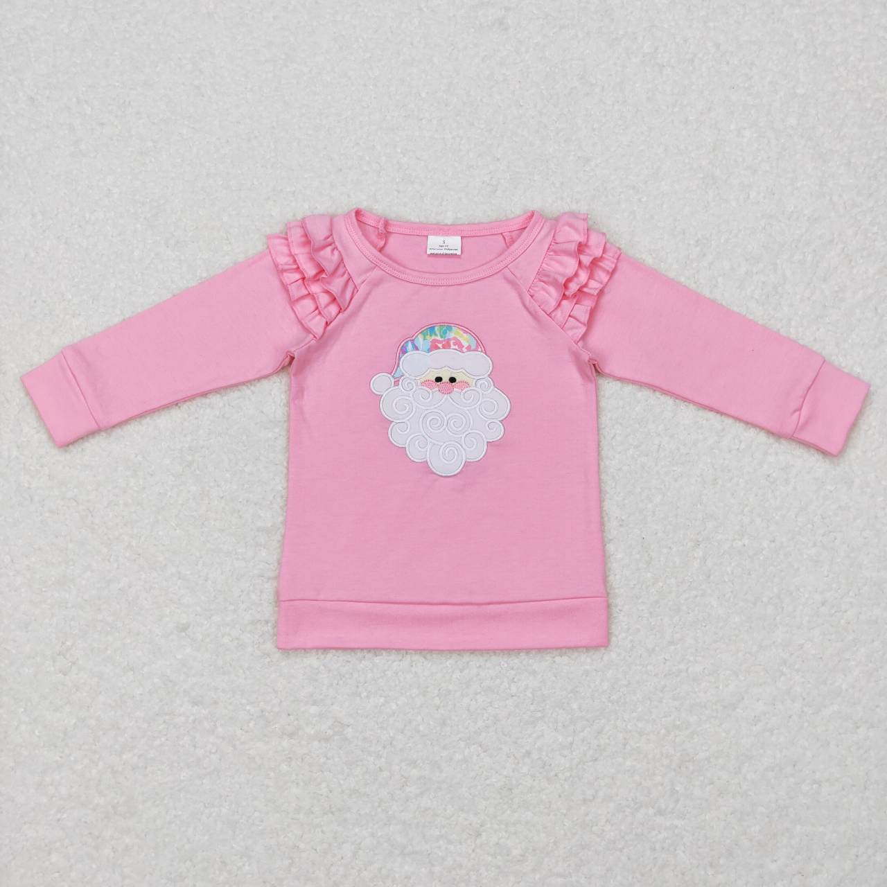RTS NO MOQ（In Stock ) GT0369 Santa Claus embroidered colorful pattern pink lace long-sleeved top