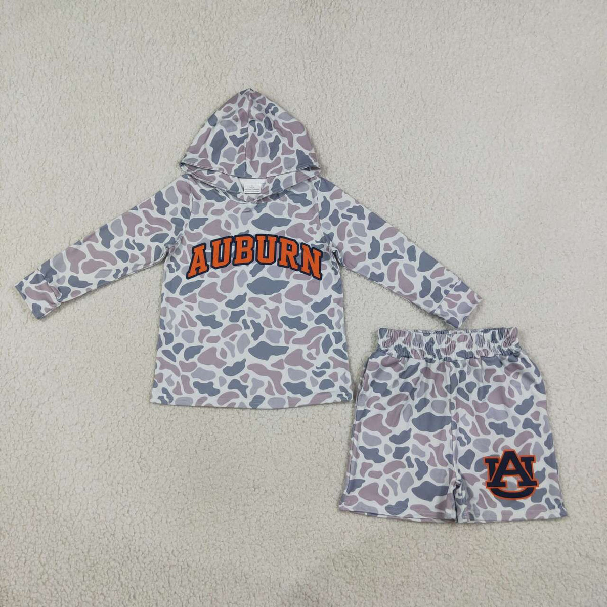 NEW RTS NO MOQ milk silk BLS0041 Baby Boys Grey Camo Letter Print Long Sleeve Hoodie Casual Shorts Team Set