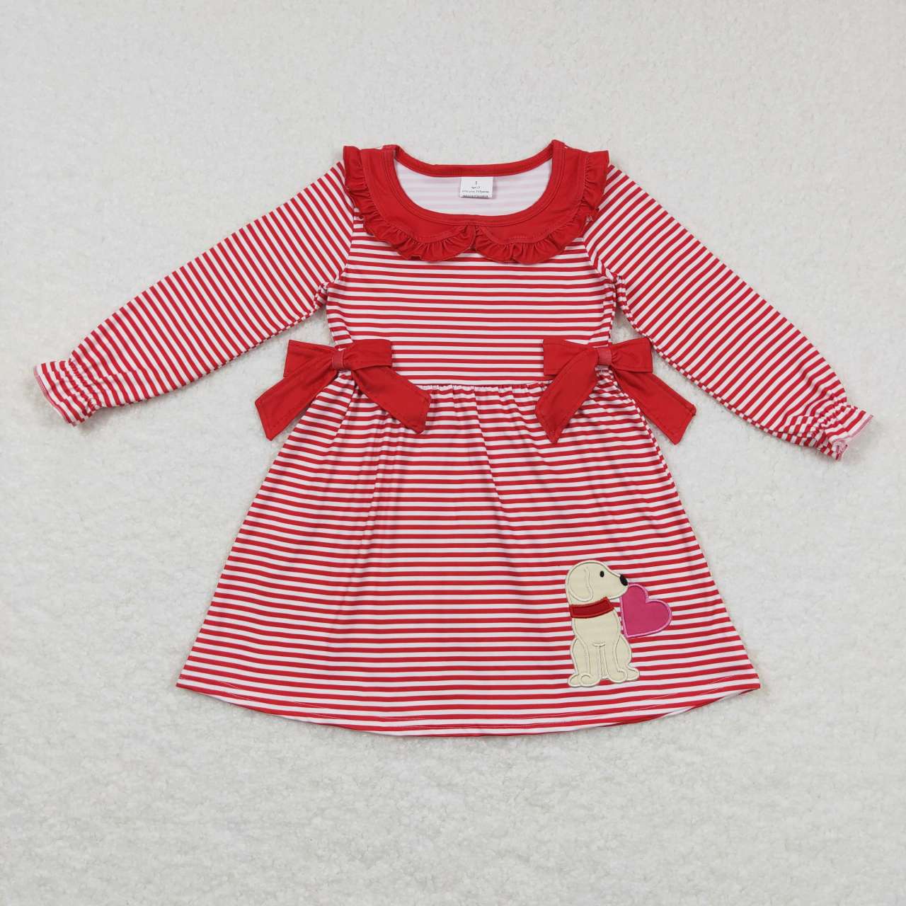 RTS NO MOQ（In Stock) GLD0448 Embroidered puppy heart bow lace red and white striped long-sleeved dress