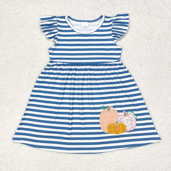 RTS NO MOQ Baby Girls Boys Blue Stripes Pumpkin Sibling Shirt Dresses Pumpkin Embroidery