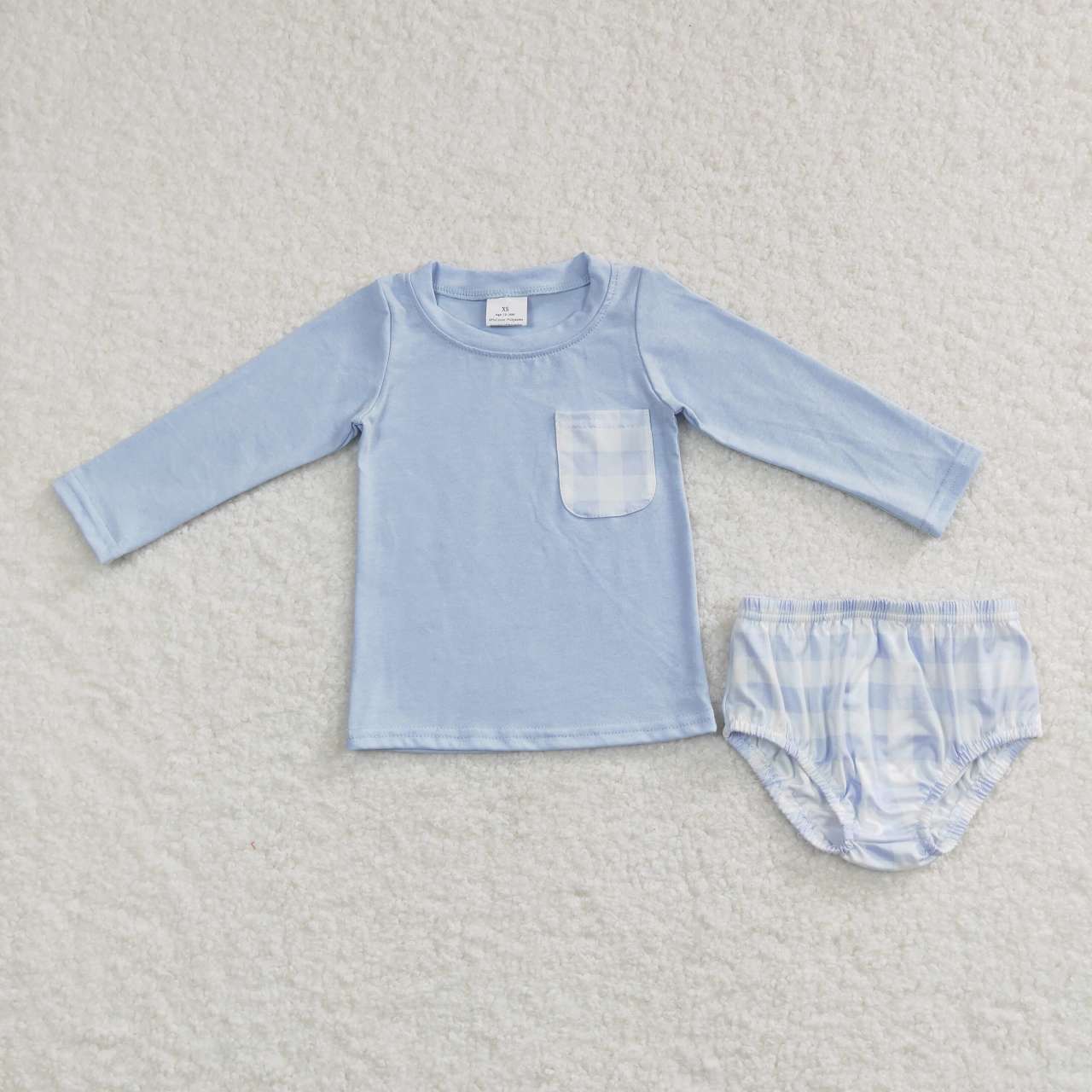 GBO0194 Plaid Pocket Blue Long Sleeve Briefs Set