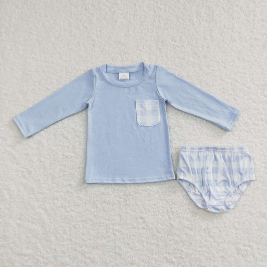 GBO0194 Plaid Pocket Blue Long Sleeve Briefs Set