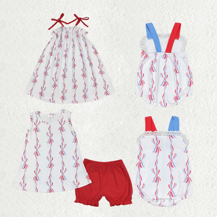 RTS NO MOQ Baby Girls 4th Of July Bows Sibling Rompers Dresses Clothes Sets