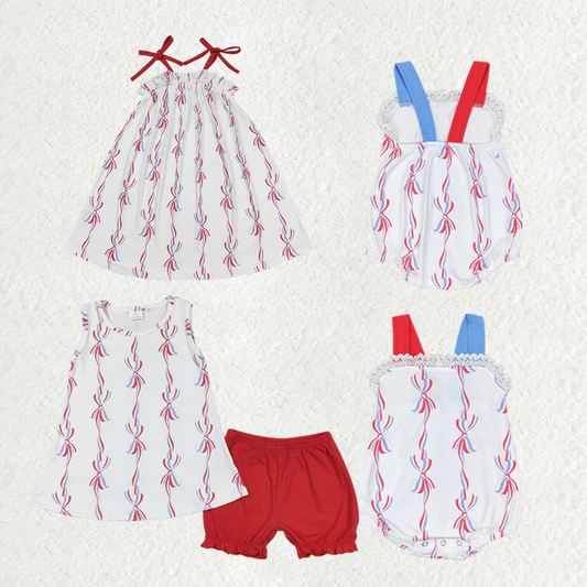 RTS NO MOQ Baby Girls 4th Of July Bows Sibling Rompers Dresses Clothes Sets