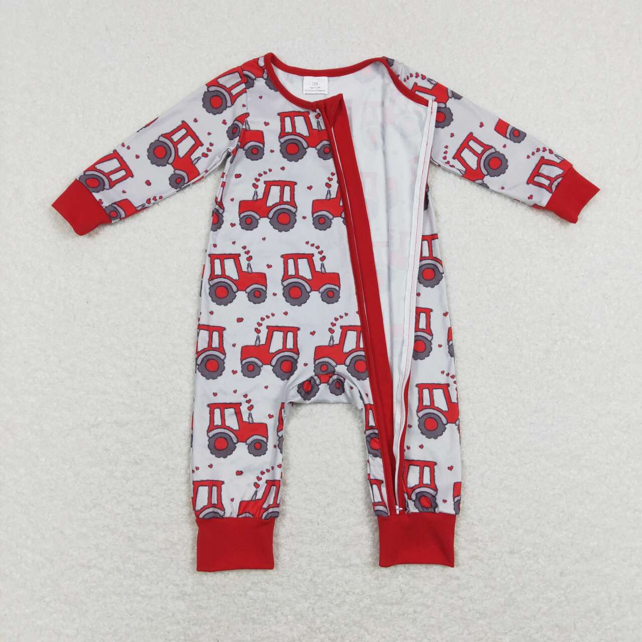 RTS NO MOQ（In Stock) Love tractor gray and red zipper long-sleeved jumpsuit