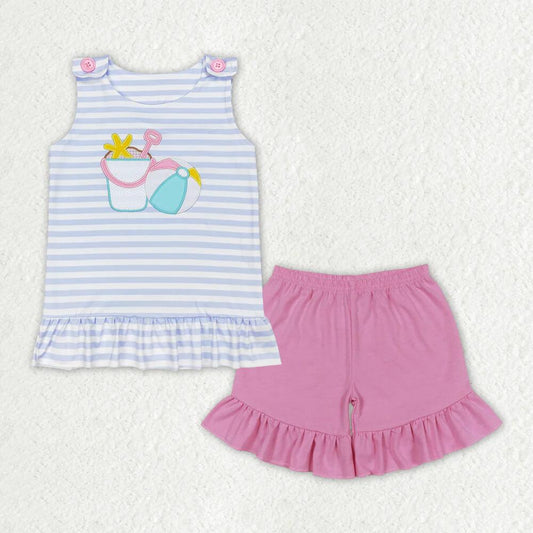 RTS NO MOQ GSSO1102 Baby Girls Stripe Sleeveless Top Ruffle Shorts Outfit Set